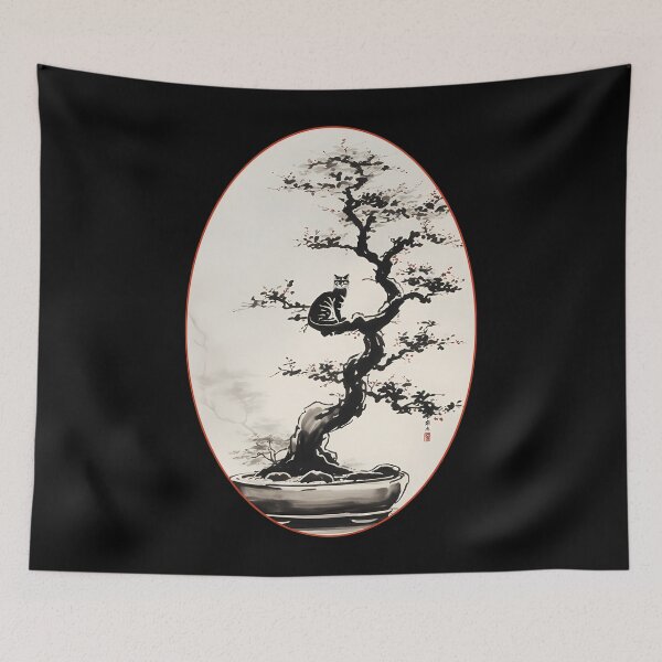 Item preview, Cat bonsai - Bonsai Cat Watercolor Painting - Oval Frame with Red Border designed and sold by Mechanical-Artt.