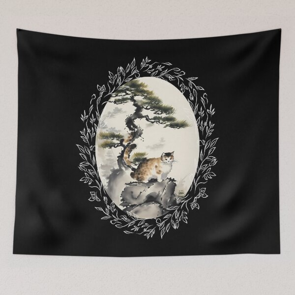 Item preview, Cat bonsai - Japanese Artwork with Bonsai Kitten - Vintage Frames Floral Ornate Portrait Oval White designed and sold by Mechanical-Artt.