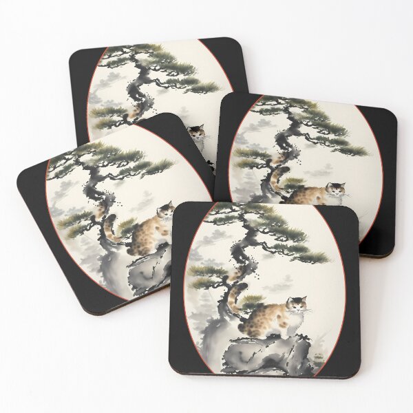 Item preview, Cat bonsai - Japanese Artwork with Bonsai Kitten - Oval Frame with Red Border designed and sold by Mechanical-Artt.