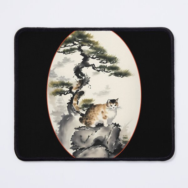 Item preview, Cat bonsai - Japanese Artwork with Bonsai Kitten - Oval Frame with Red Border designed and sold by Mechanical-Artt.