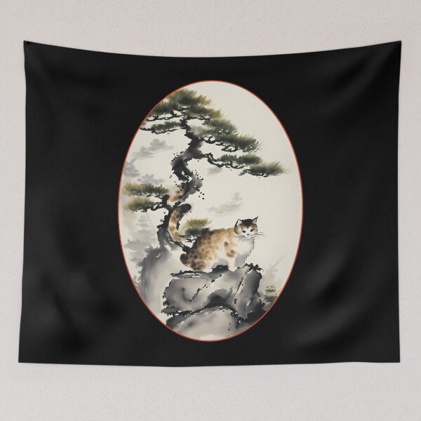 Item preview, Cat bonsai - Japanese Artwork with Bonsai Kitten - Oval Frame with Red Border designed and sold by Mechanical-Artt.