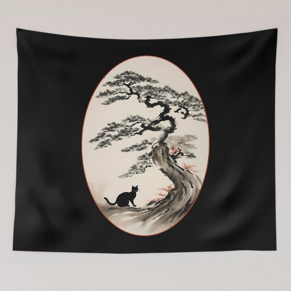 Item preview, Cat bonsai - Minimalist Bonsai Kitty Design - Oval Frame with Red Border designed and sold by Mechanical-Artt.