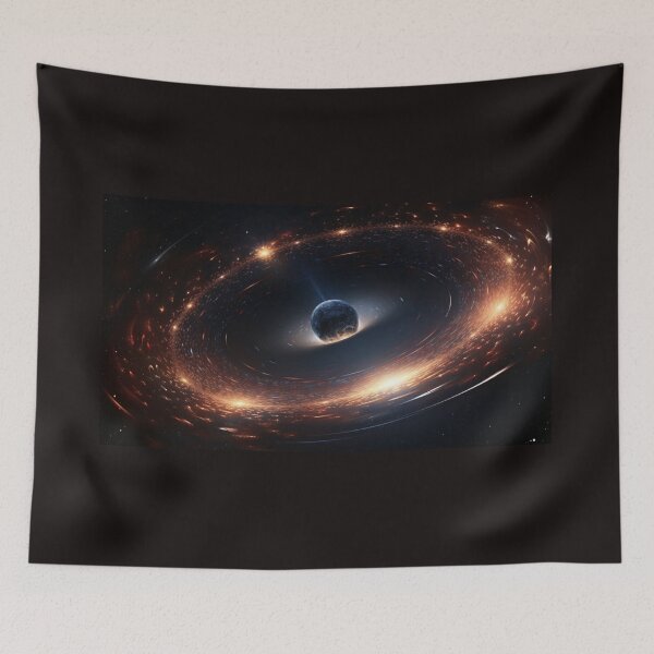 Item preview, A cosmic landscape showcasing a gargantuan black hole, with light bending around it, showcasing the power and mystery of these celestial giants. designed and sold by ChamounVisual.