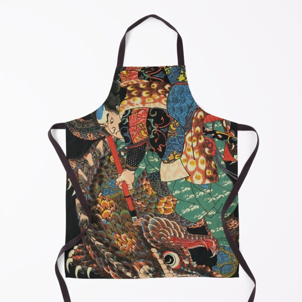 Item preview, Samurai Fighting Crocodile - Vintage Japanese Ukiyo-e Woodlock designed and sold by VintageSpaceArt.