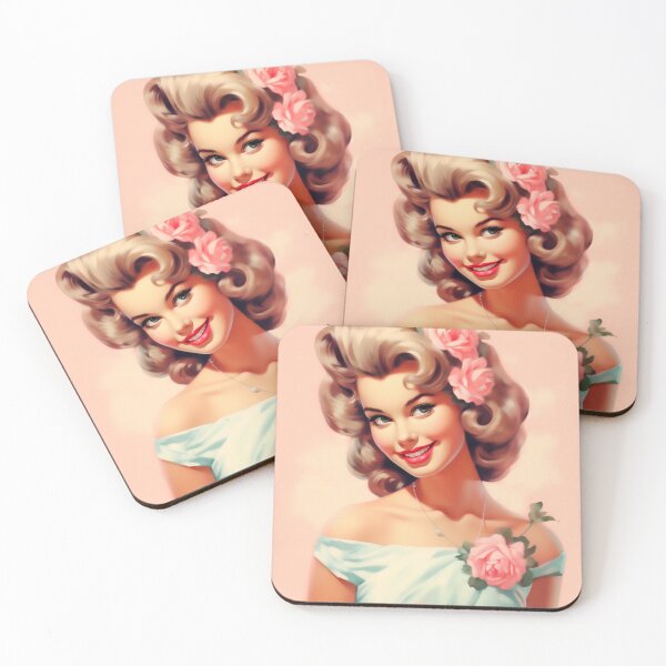 Item preview, Smiling girl in vintage sixties illustration style. Roses. designed and sold by GoldenTimesCafe.