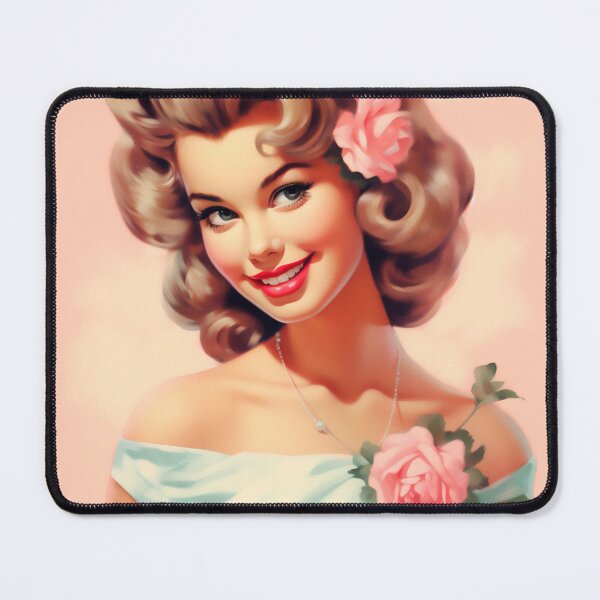 Item preview, Smiling girl in vintage sixties illustration style. Roses. designed and sold by GoldenTimesCafe.