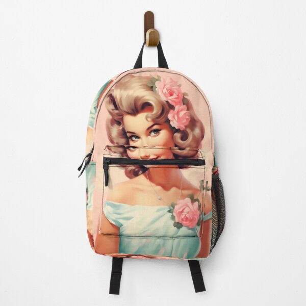 Item preview, Smiling girl in vintage sixties illustration style. Roses. designed and sold by GoldenTimesCafe.