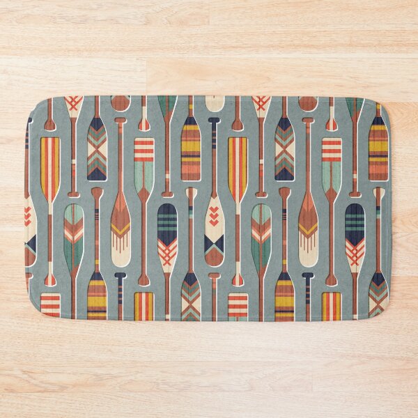 Item preview, Paddle ON // morning blue textured background navy blue ivory yellow aqua green coral and red retro canoe paddle lake life vibes  designed and sold by SelmaCardoso.