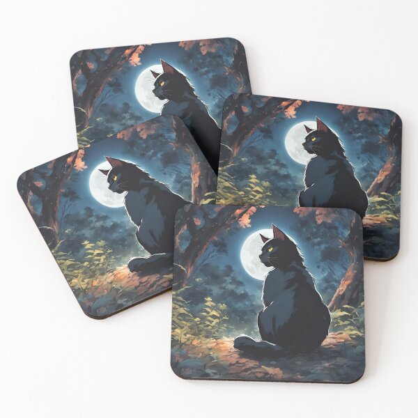 Item preview, Black Cat Sitting in Forest at Night with Full Moon designed and sold by moonphiredesign.
