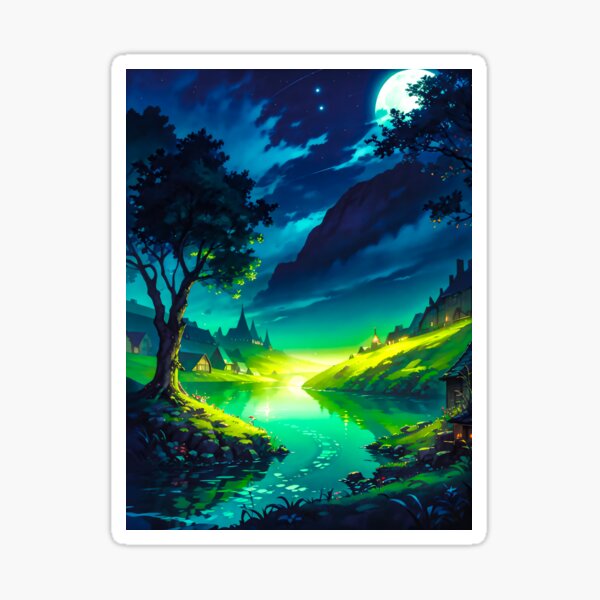 Landscape Digital Art Anime Style Mountais Sky Moon Nature Sticker