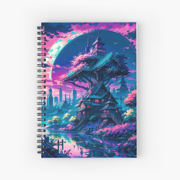 Landscape Digital Art Anime Style Mountais Sky Moon Nature Spiral Notebook