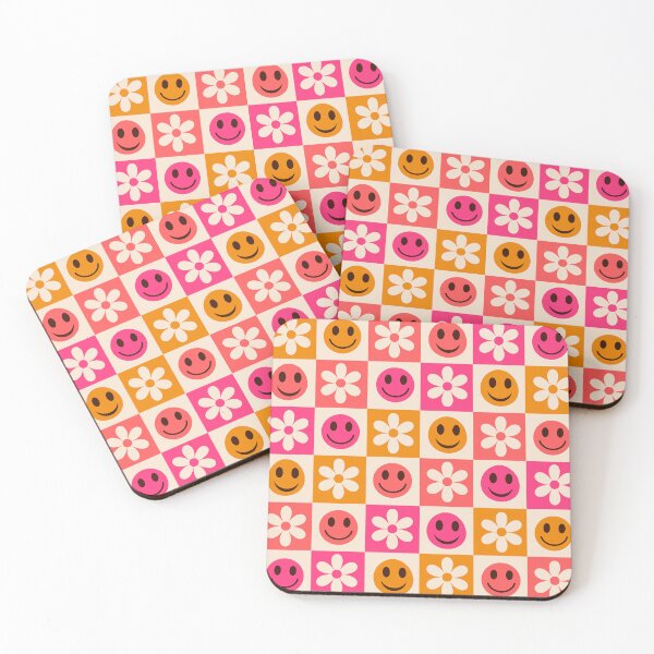Item preview, Checkered Pink Orange Coral Smiley Faces With Flowers designed and sold by Yasminepatterns .