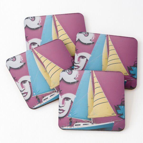 Item preview, A sailboat hanging from the wall in the style of playful grafitti-inspired murals designed and sold by AI-Only Creations.