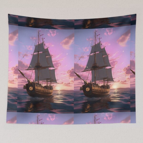 Item preview, A charming illustration of a ship sailing in the sea at colorful and romantic sunset  designed and sold by AI-Only Creations.