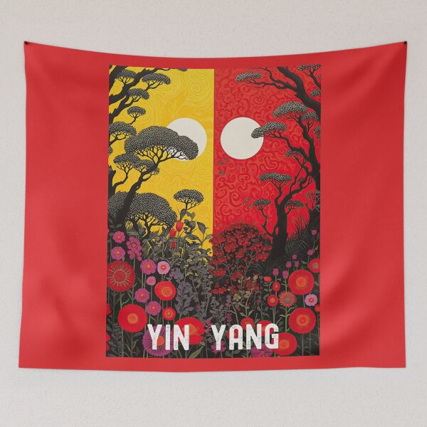 Item preview, Yin Yang Flowers and Trees Forest in Yellow and Red designed and sold by TheTrendsDesk.