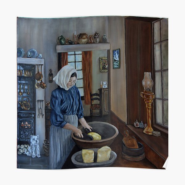 "Irish Servant Making Butter" - Oil Painting Poster