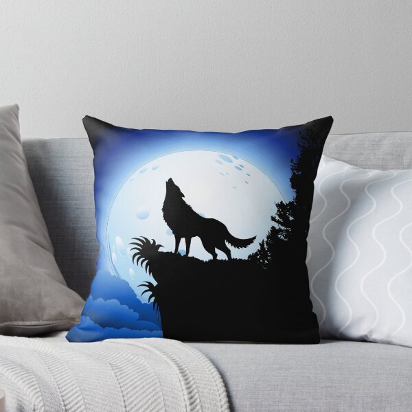 Wolf Howling at Blue Moon Throw Pillow