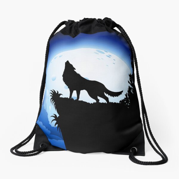 Wolf Howling at Blue Moon Drawstring Bag