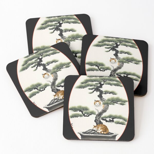 Item preview, Cat bonsai - Peaceful Bonsai Cat in Japanese Style - Oval Frame with Red Border designed and sold by Mechanical-Artt.
