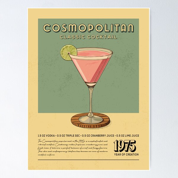 Item preview, Cosmopolitan Cocktail Vintage Recipe Poster designed and sold by Vintaprints-co.