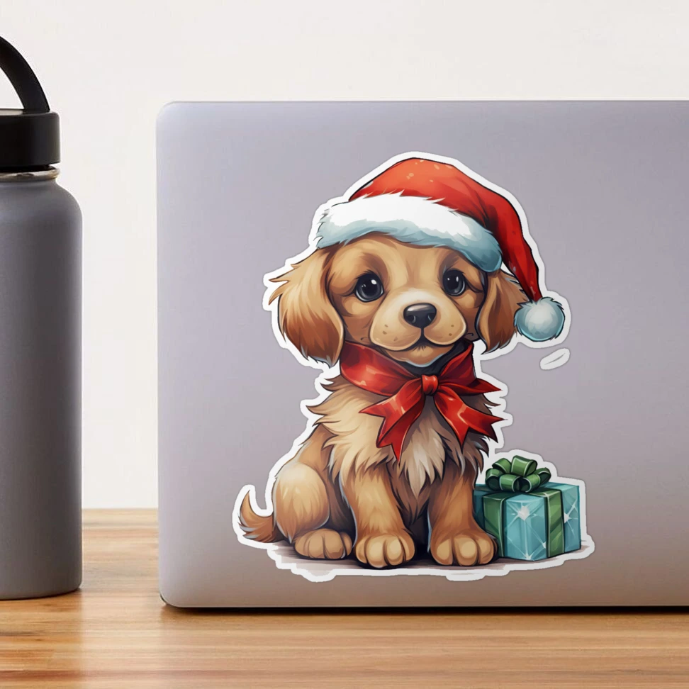 Cute Christmas Dog Wearing a Santa Claus Hat with Christmas Gifts Sticker  for Sale by PoshPeels