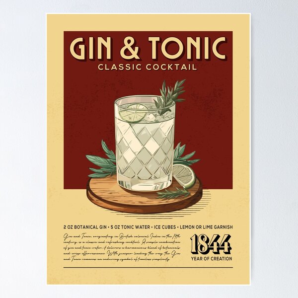 Item preview, Gin and Tonic Cocktail Vintage Recipe Poster designed and sold by Vintaprints-co.