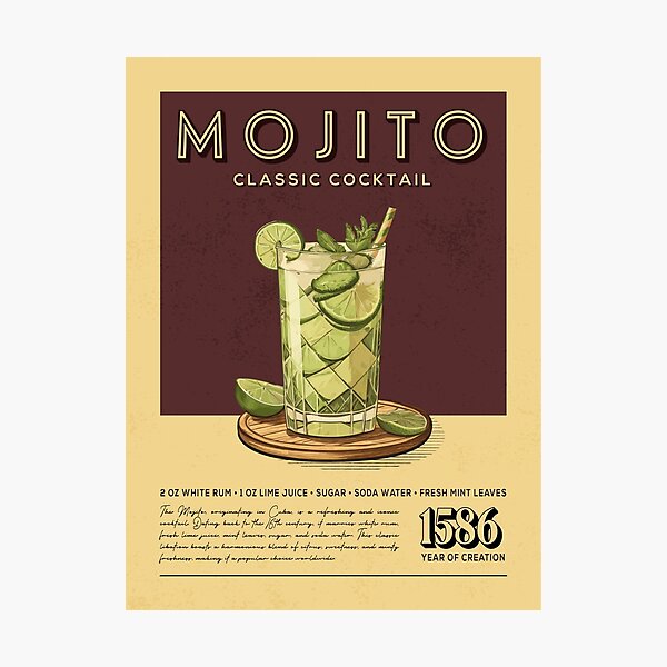 Item preview, Mojito-Cocktail-Vintage-Rezept-Poster designed and sold by Vintaprints-co.