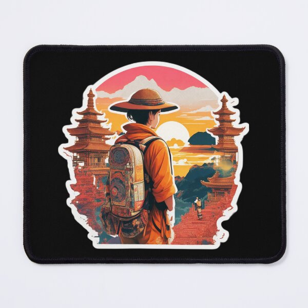 Item preview, Girl Backpacker Watching Sunset over Asian Pagoda designed and sold by Ridiculam Toga.