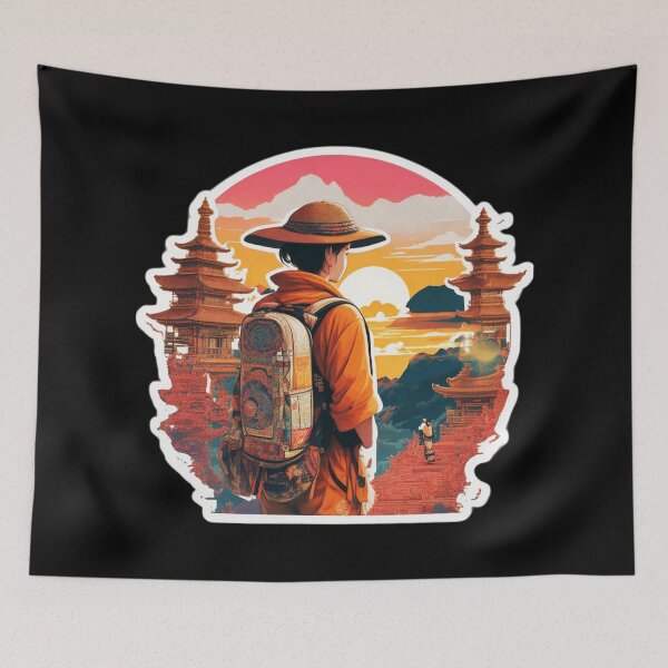Item preview, Girl Backpacker Watching Sunset over Asian Pagoda designed and sold by Ridiculam Toga.