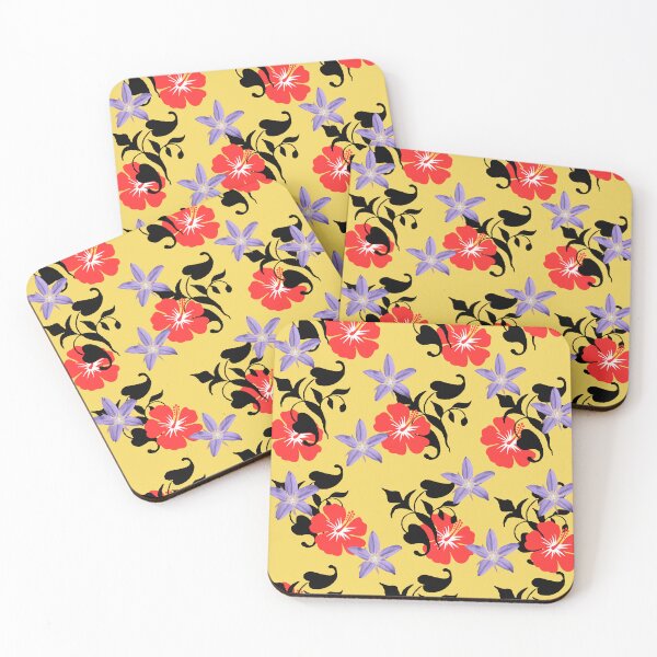 Item preview, Hibiscus floral pattern on yellow background  designed and sold by BrightestArt.