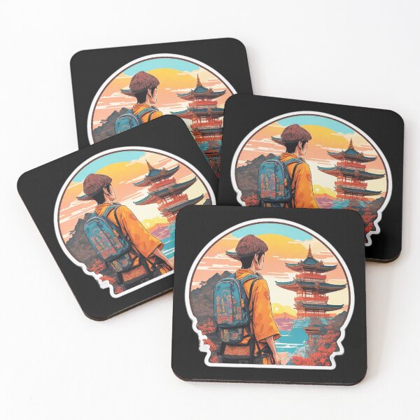 Item preview, Boy Backpacker Watching Sunset over Asian Pagoda designed and sold by Ridiculam Toga.