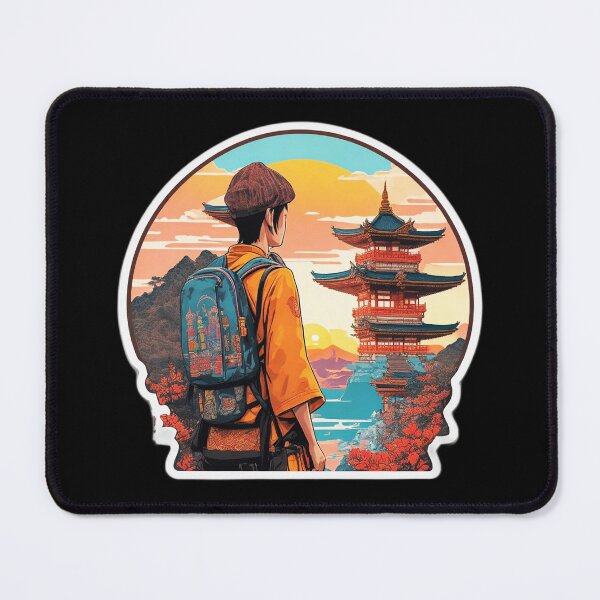 Item preview, Boy Backpacker Watching Sunset over Asian Pagoda designed and sold by Ridiculam Toga.