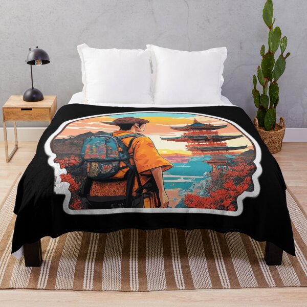 Item preview, Boy Backpacker Watching Sunset over Asian Pagoda designed and sold by Ridiculam Toga.