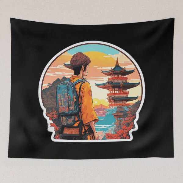 Item preview, Boy Backpacker Watching Sunset over Asian Pagoda designed and sold by Ridiculam Toga.