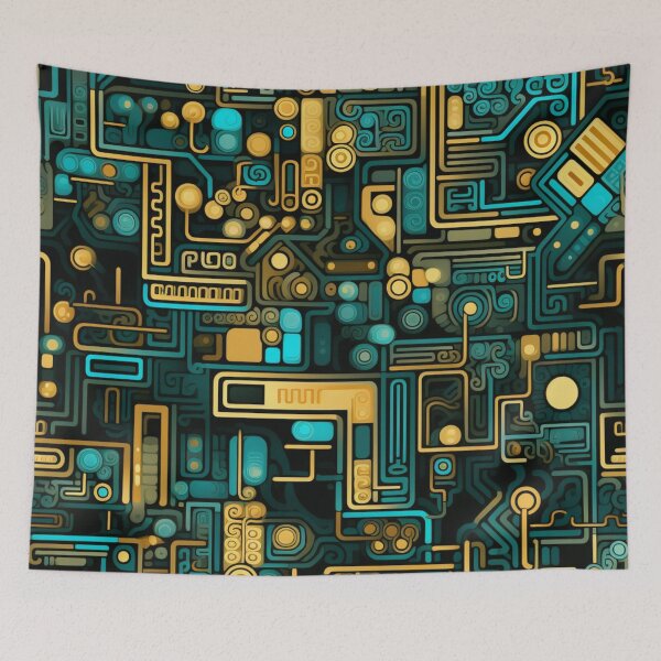 Item preview, Colorful fantasy pattern blue green turquoise yellow black ornaments circuit diagram, city map, designed and sold by G-M-Designs.