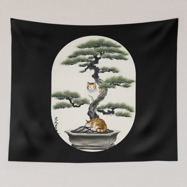 Item preview, Cat bonsai - Peaceful Bonsai Cat in Japanese Style - Simple Round Corner Rectangle Frame designed and sold by Mechanical-Artt.
