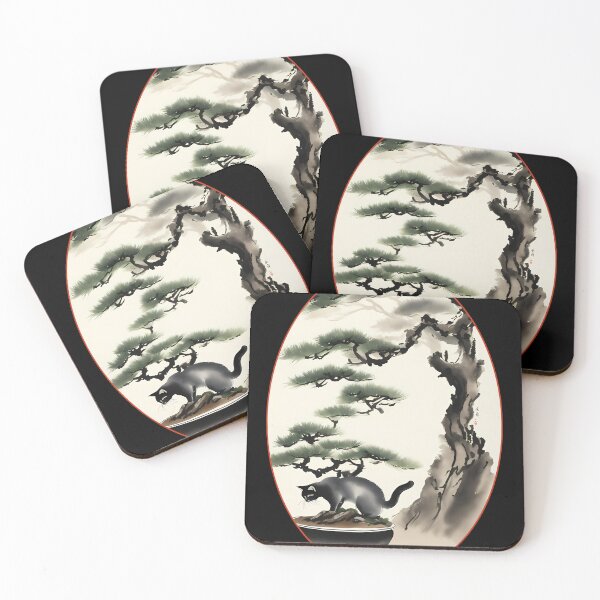 Item preview, Cat bonsai - Kitty and Bonsai Tree Art - Oval Frame with Red Border designed and sold by Mechanical-Artt.