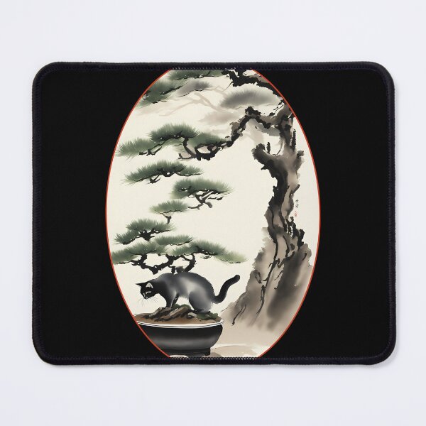 Item preview, Cat bonsai - Kitty and Bonsai Tree Art - Oval Frame with Red Border designed and sold by Mechanical-Artt.