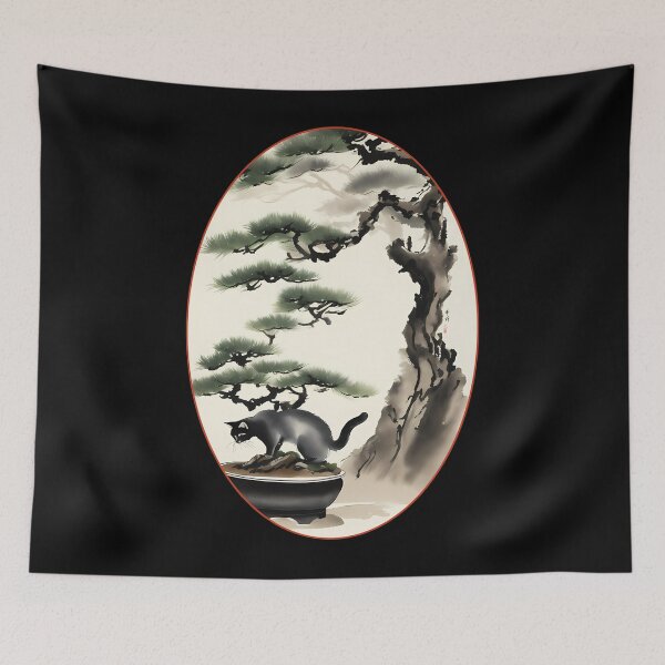 Item preview, Cat bonsai - Kitty and Bonsai Tree Art - Oval Frame with Red Border designed and sold by Mechanical-Artt.