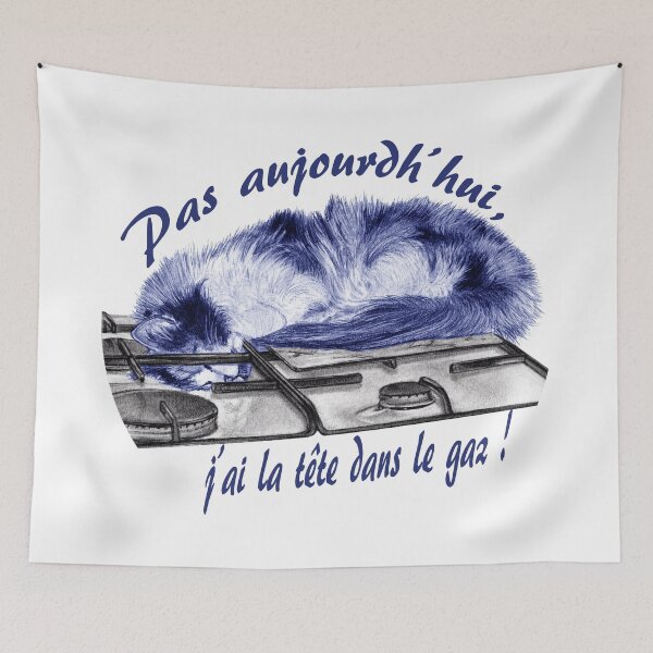 Item preview, Tricolor cat, head in the gas - graphite and blue color version, text in French designed and sold by SylvieG18.