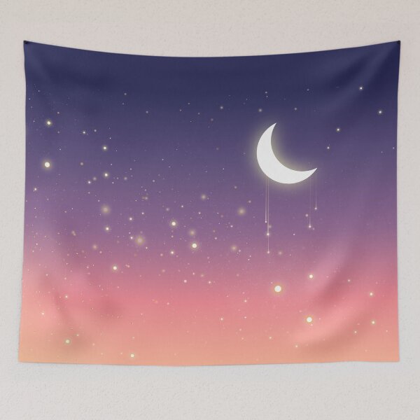 Item preview, Moon and star dust on a night sky gradient blue to peachy-coral  designed and sold by Moody Moon.