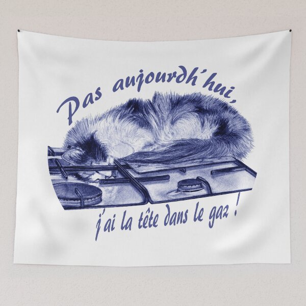 Item preview, Tricolor cat, head in the gas - blue colorized version, text in French designed and sold by SylvieG18.