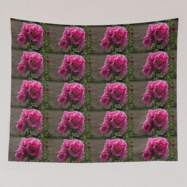 Item preview, Sunny Vivid Pink Hollyhocks in a Cottage Garden designed and sold by Georgia Mizuleva.