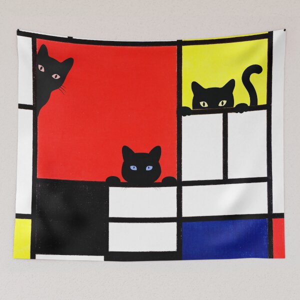 Aperçu de l'œuvre Composition mignonne de chats Mondrian avec rouge, jaune, bleu et noir créée et vendue par Brasilia.