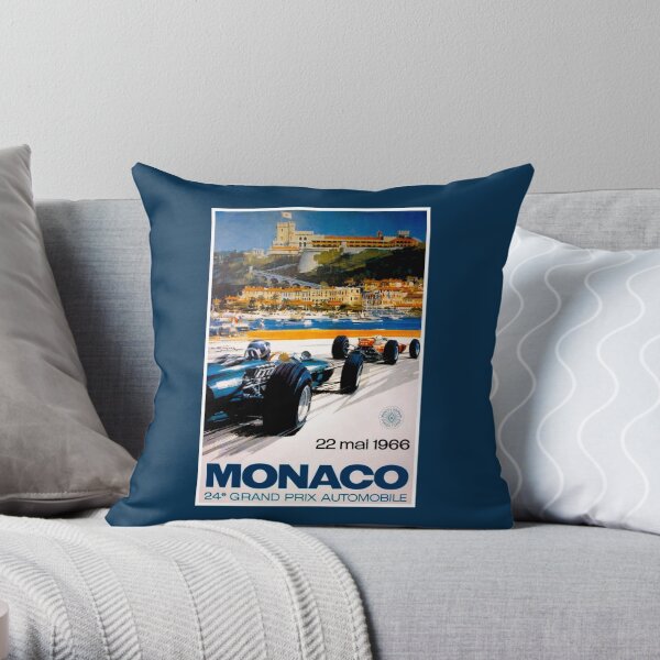 MONACO GRAND PRIX; Vintage 1966 Auto Racing Print Throw Pillow