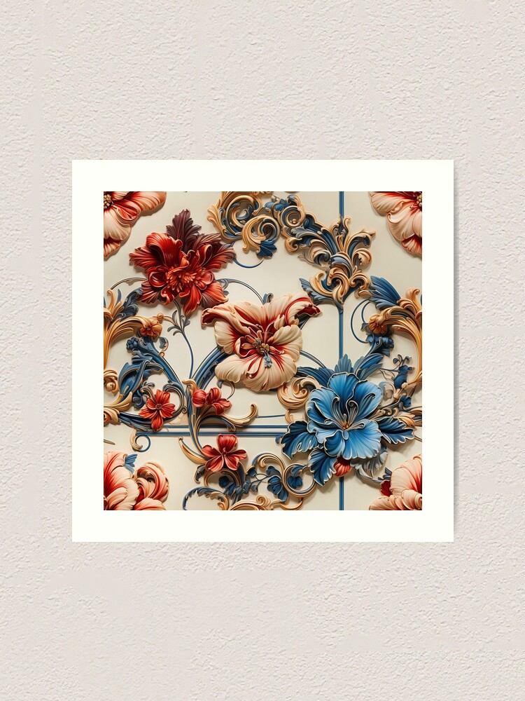 LV Tile 1 - Floral Symphony - red, white and blue on Ivory Art