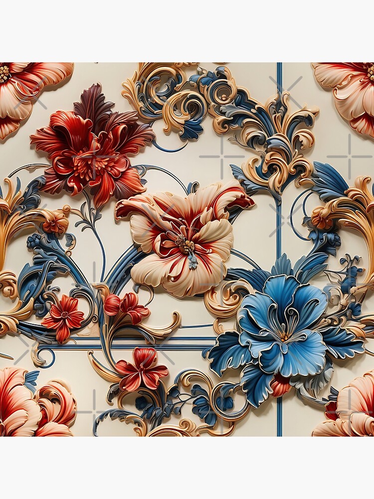 LV Tile 1 - Floral Symphony - red, white and blue on Ivory Art