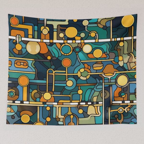 Item preview, Colorful fantasy pattern orange blue white green turquoise yellow black ornaments circuit diagram designed and sold by G-M-Designs.