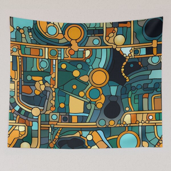 Item preview, Colorful fantasy pattern orange blue white green turquoise yellow black ornaments circuit diagram designed and sold by G-M-Designs.