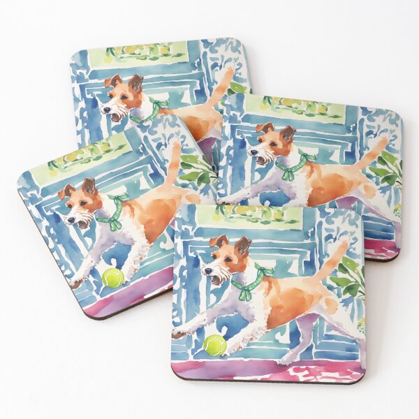 Item preview, Fox terrier chasing tennis ball watercolor painthing designed and sold by SophieClimaArt.